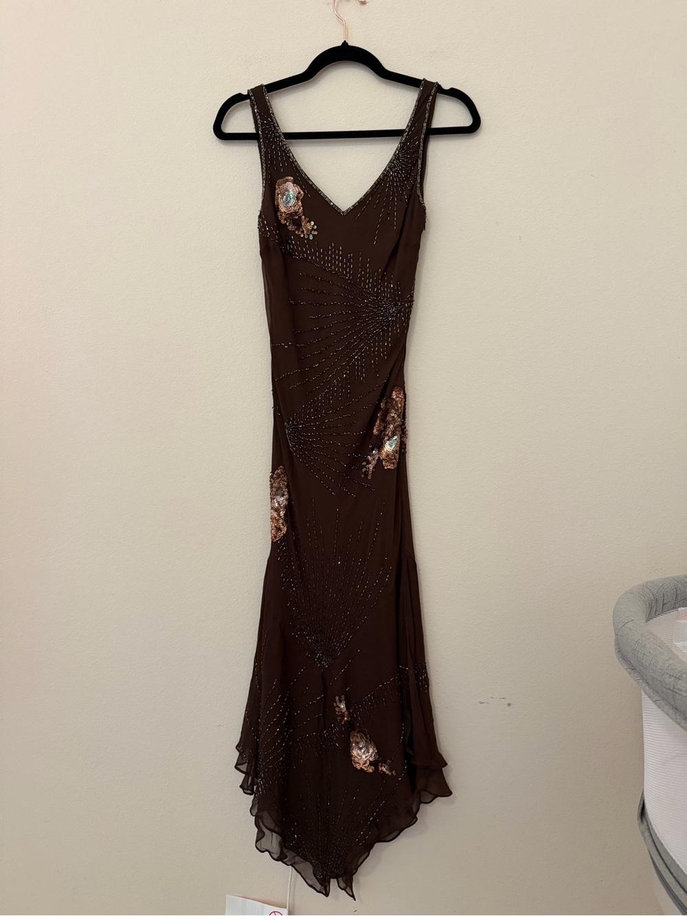 Vtg Y2K Cache Brown Silk Beaded Maxi Dress Sz 2 Asymmetrical Fairy Prom Party